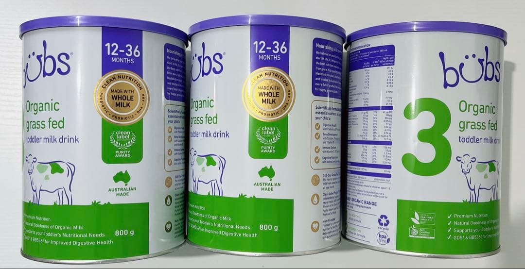 Bubs Organic grass fed 3、800g、12-36ヵ月、3缶