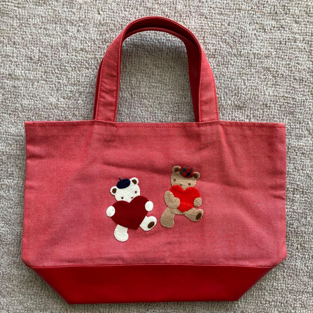 ファミリア マチ付 ミニ デニムバッグ 手刺繍 赤 クマ ハート - メルカリ