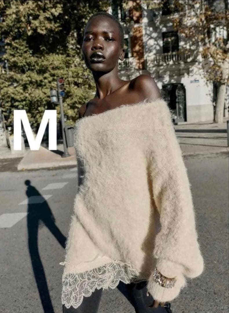 ZARA レース コンビ ニット セーター M エクリュ完売品