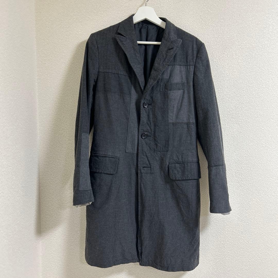 名作コムデギャルソン オーバーダイグレー パッチワーク チェスターコート COMME des GARCONS HOMME コムデギャルソン オム ウールツイードツイル