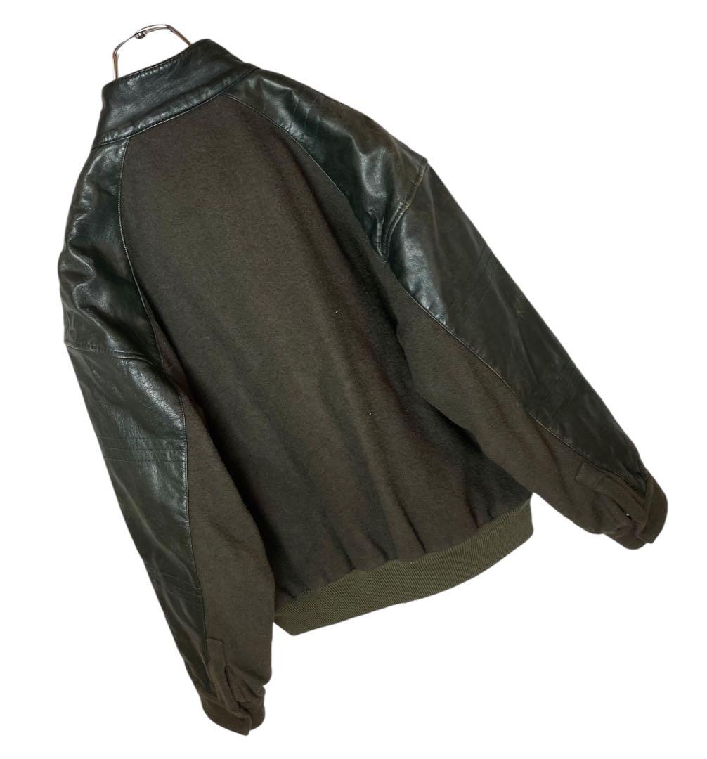 レトロ古着 羊革リアルレザー×ウールくすみグリーンスタジャン中綿裏