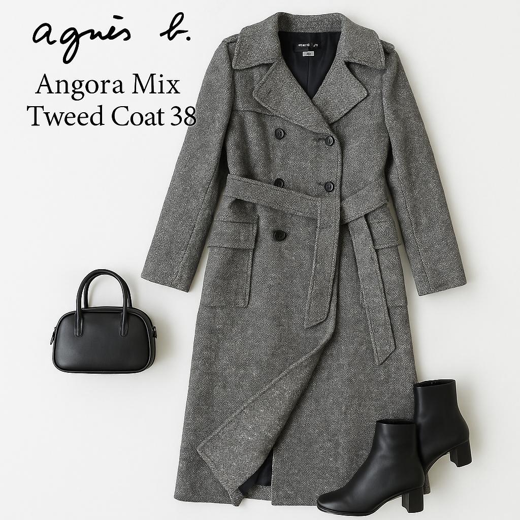 アニエスべー⭐️アンゴラ混 ミックスツイード チェスターコート ベルト付き 38 アニエスべー⭐️アンゴラ混 ミックスツイード チェスターコート
