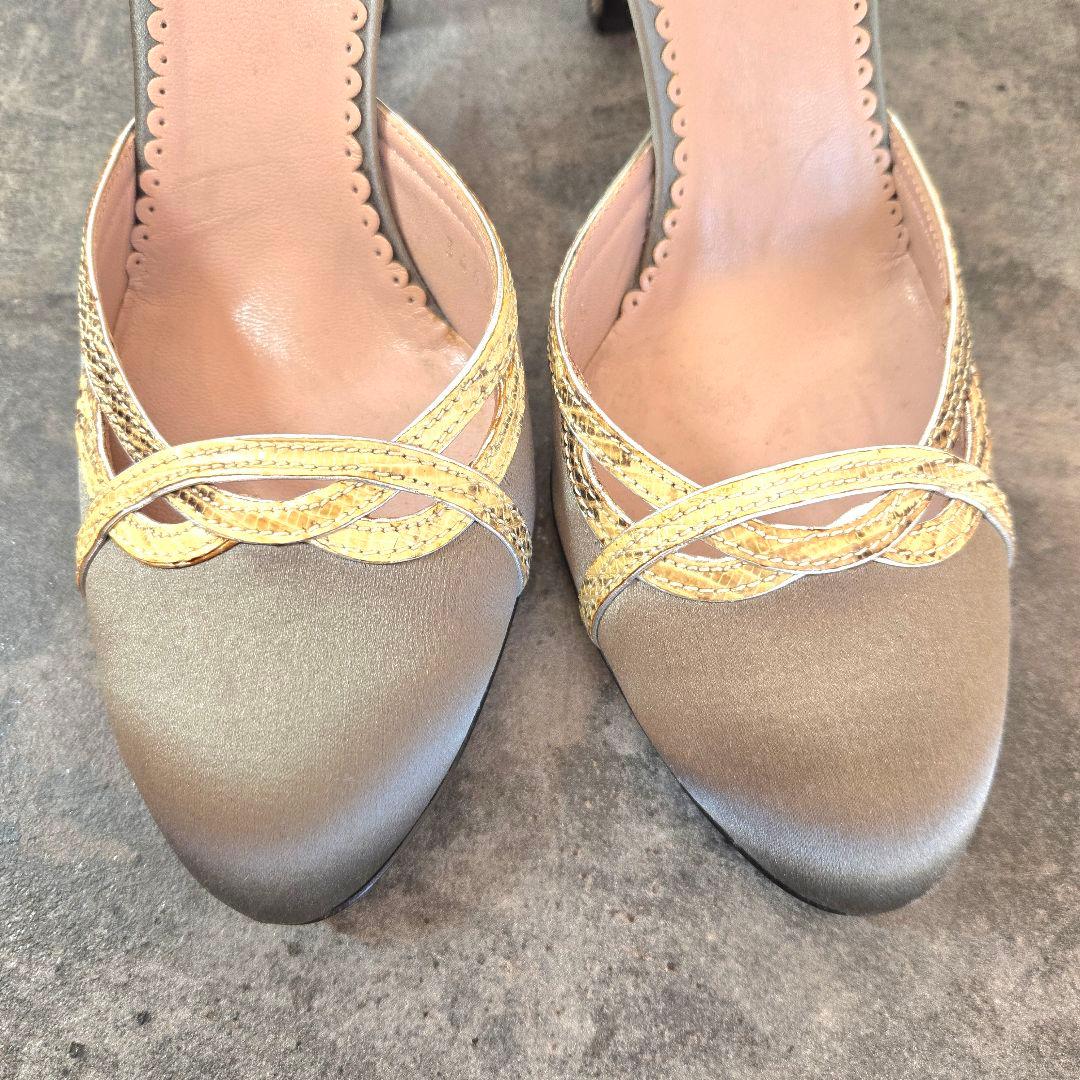 美品 PRADA プラダ パイソンコンビ サテンパンプス 22.5cm ゴールド