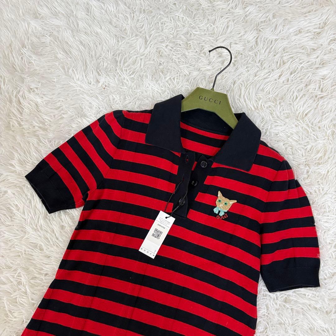 GUCCI グッチ ボーダーワンピース ネイビー×レッド 猫ワッペン付き