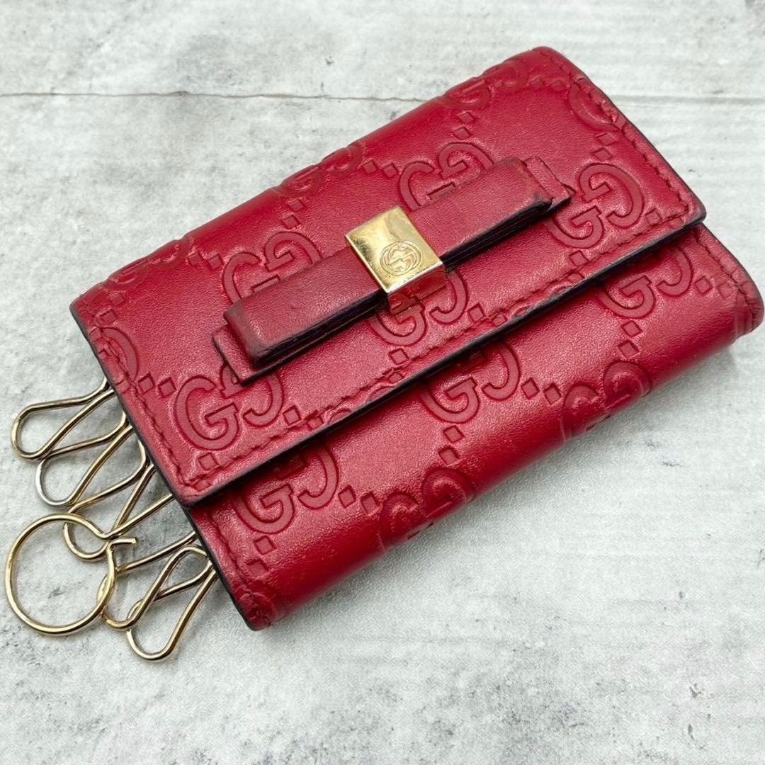 極美品 グッチ GG柄 シマレザー 6連 キーケース キーリング リボン