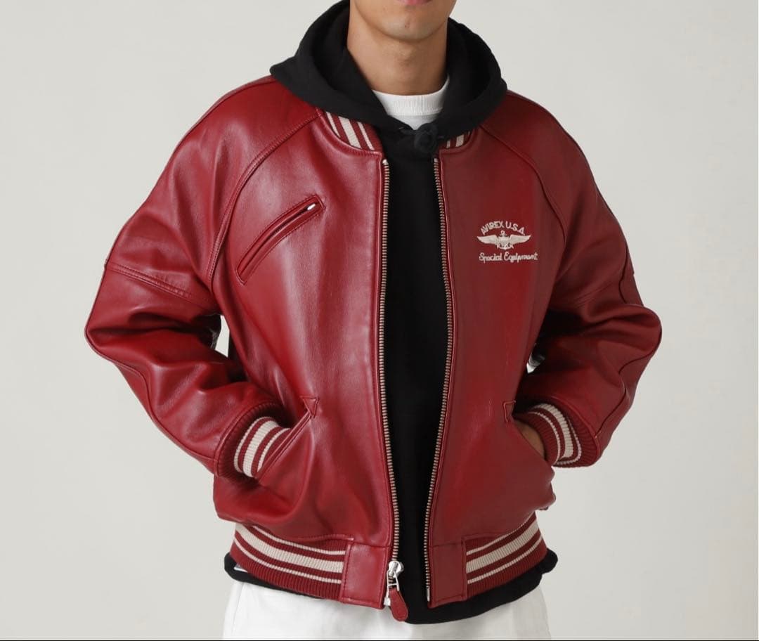 カ*デ様 AVIREX レザー スタジャン レッド バーシティジャケット　本革 VARSITY JACKET RED AXES / バーシティジャケット レッドアクシズ