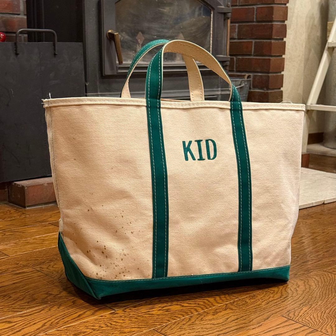 ☆80s硬め！持ち手短い 緑トリム/片面KID刺繍入りエルエルビーントート