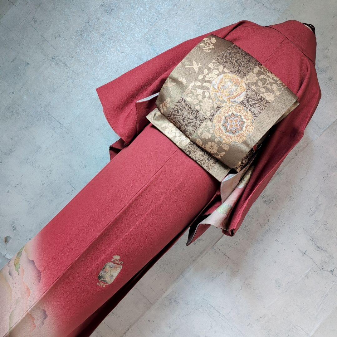 訪問着 フルセット 着物 正絹 赤 金 楽器 笛 バチ衿 O5 - メルカリ