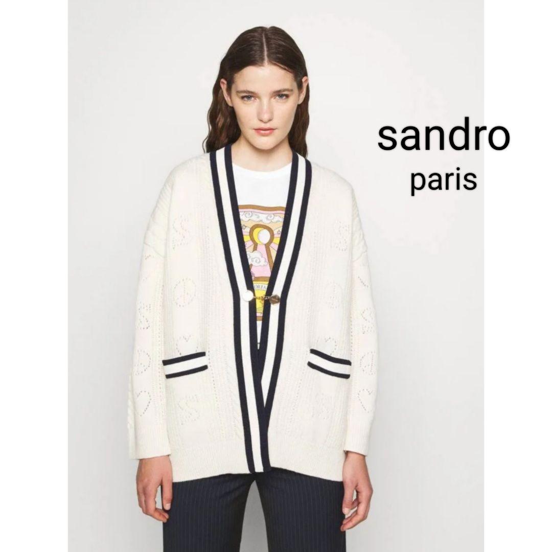 サンドロ　ウールパンチングロゴカーディガン 　金ボタン　ニット　バイカラー カーディガン ゴールドボタンバイカラーカーディガン レディース