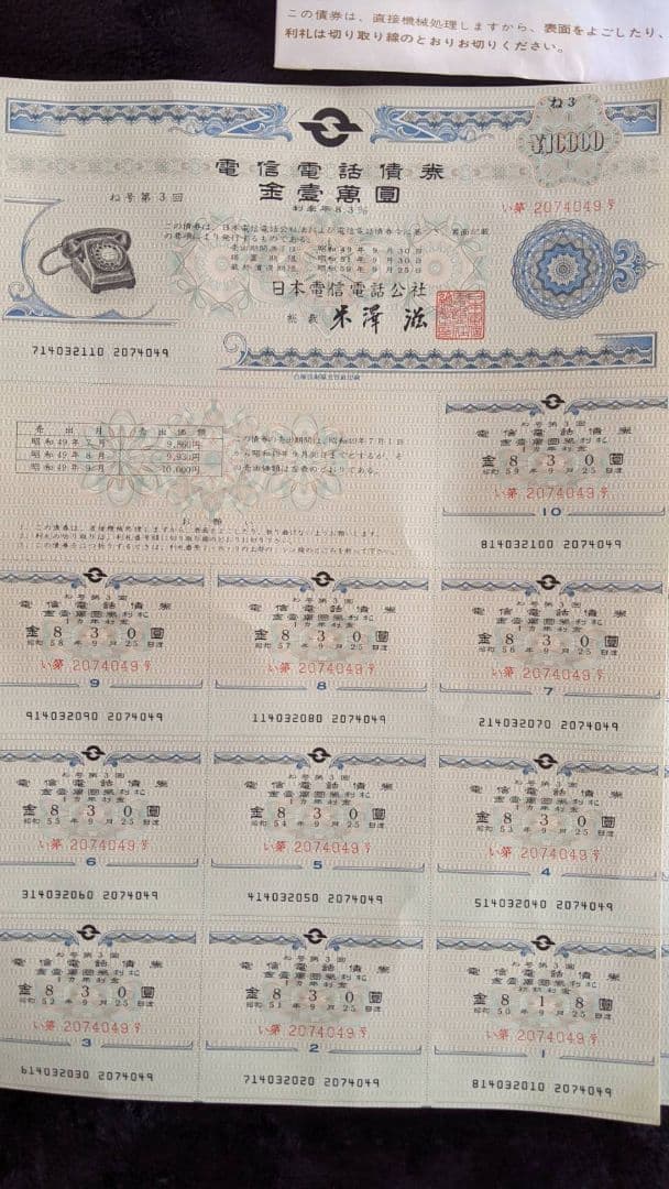 アンティーク 電信電話債券 金壹萬圓 2万円 昭和レトロ 資料 日本電信