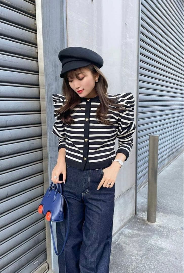 sheller シェリエ ハートボタンカーディガン 極美品 sheller シェリエ ハートボタン ボーダー カーディガン サイズF