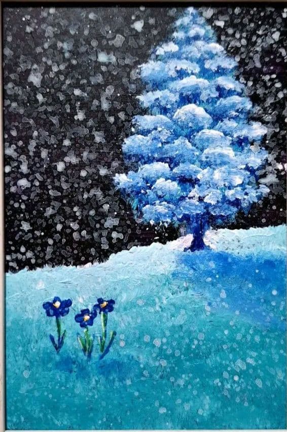 冬の風景 青い木と花 ハガキサイズフレーム入り 原画 手描き 雪の風景