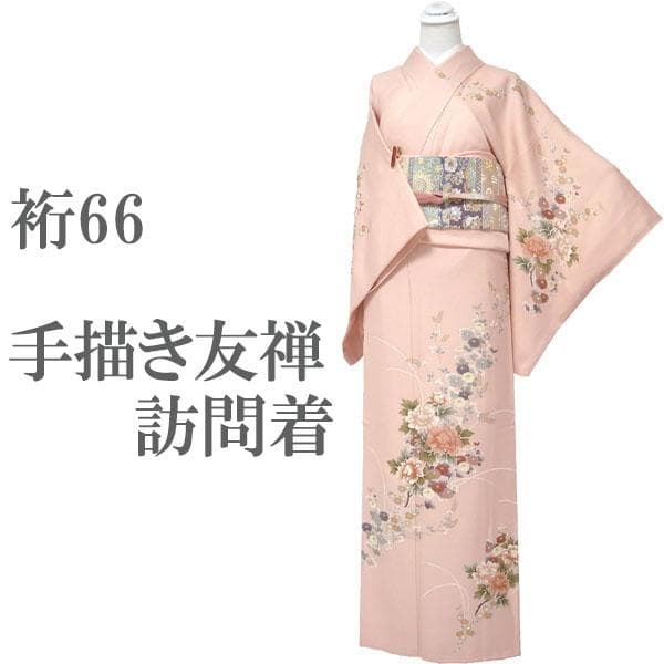 訪問着 着物 袷 手描き友禅 手刺繍 金彩加工 裄66 M 中古 sn1929