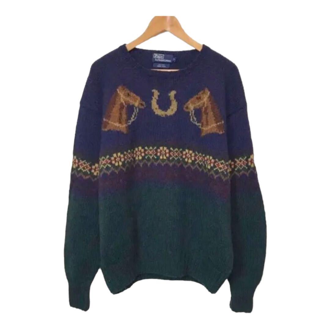 名作 90s POLO ラルフローレン ウールニットセーター ハンドニット 馬
