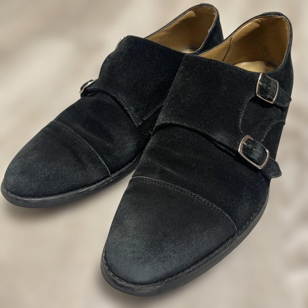 スーツセレクト】ダブルモンクストラップシューズ ブラック スエード