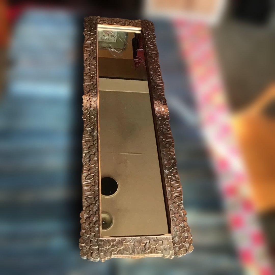 アンティーク軽井沢彫り　ミラー　鏡　姿見　櫻 姿見 軽井沢彫り 桜 ミラー 鏡 スタンドミラー 伝統工芸品 中古