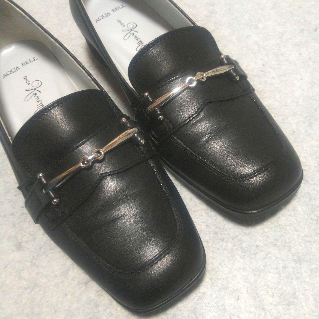 美品 】銀座かねまつ AQUA BELL ビットローファー 黒レザー 23cm