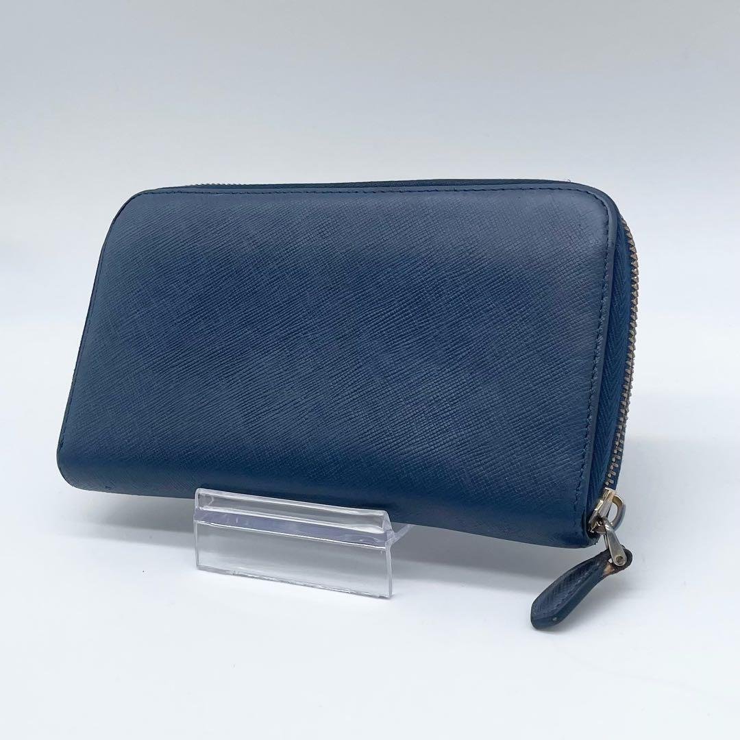 極美品】 PRADA レザー サフィアーノ 長財布 金ロゴ ネイビーブルー