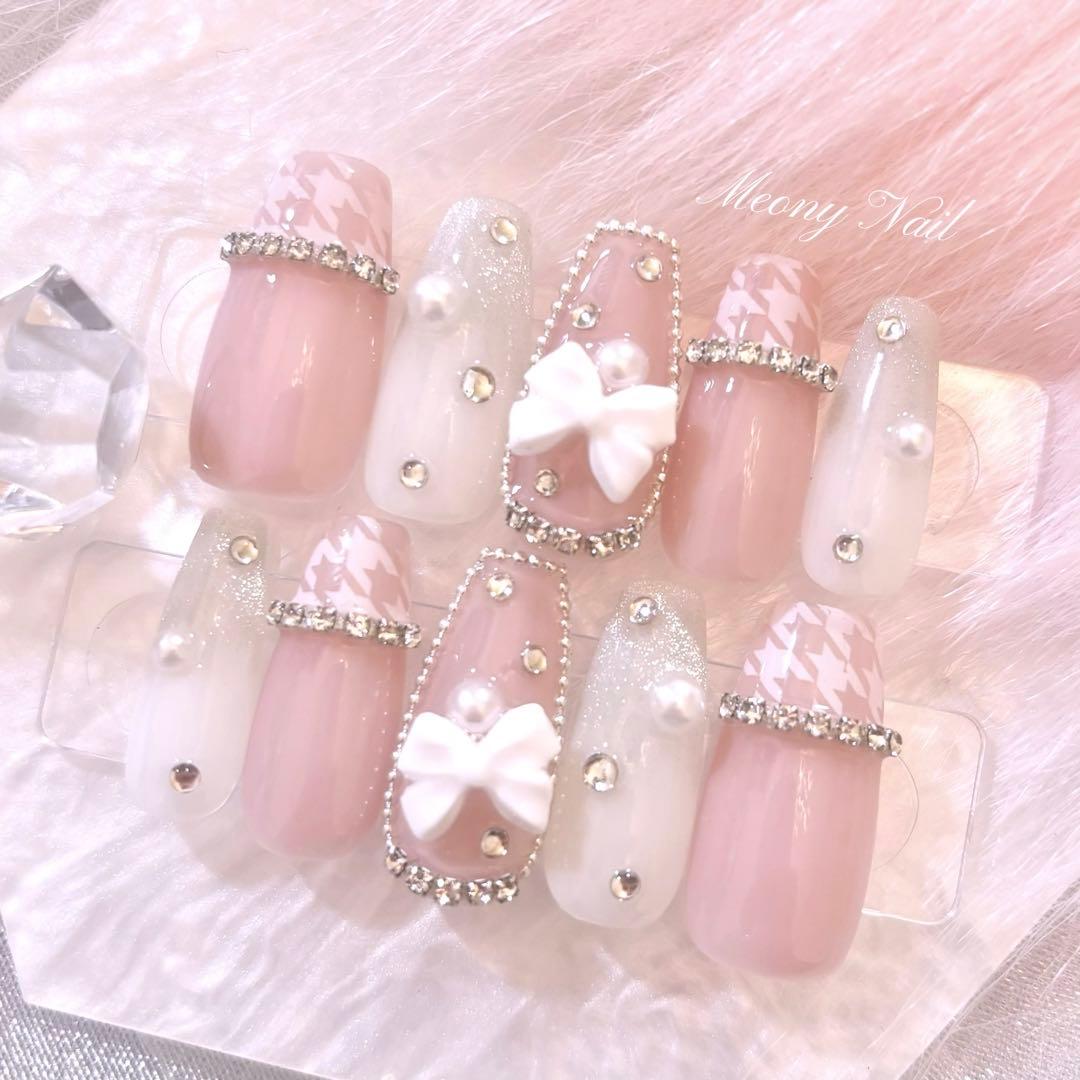 No.56オーダー♡量産型ワンホン韓国千鳥格子柄フレンチリボンジェル