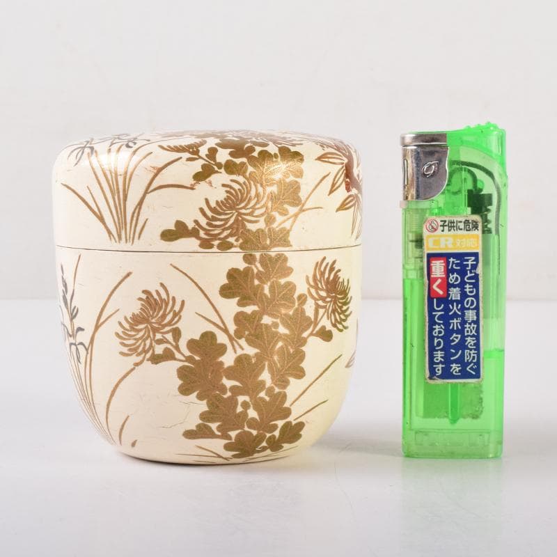 茶道具 稲井玉甫作 白漆 四君子蒔絵 棗 堀内宗完(兼中斎)書付箱 V 7126