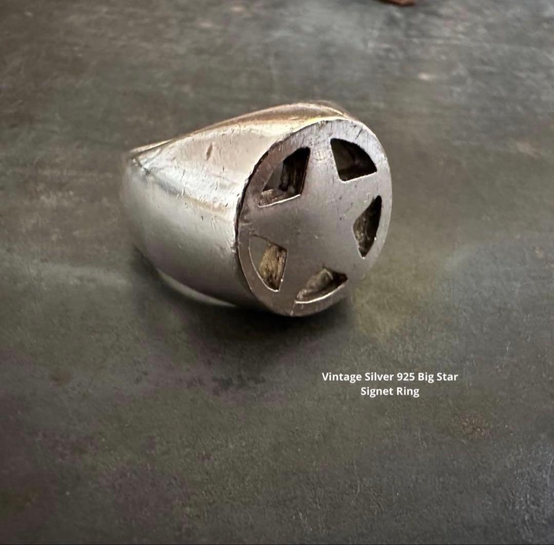 希少　ヴィンテージ　925 アンティーク　アメリカ　シグネット　星　リング 英国イギリス製ヴィンテージ彫刻スターリングシルバー製ハート型印台