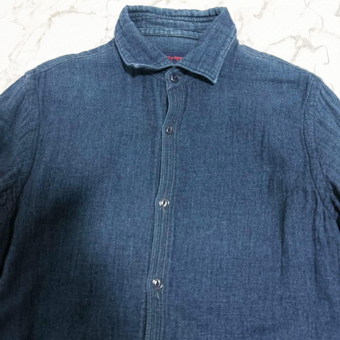 極美品】45R インディゴ染め デニムシャツ コットン100%R刺繍