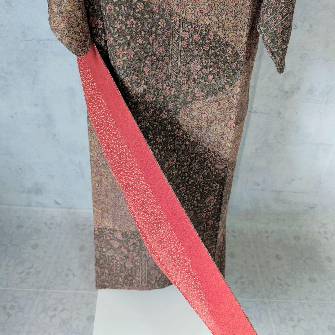 小紋付け下げ フルセット 着物 正絹 ブラウン 深緑 更紗 花 しつけ糸