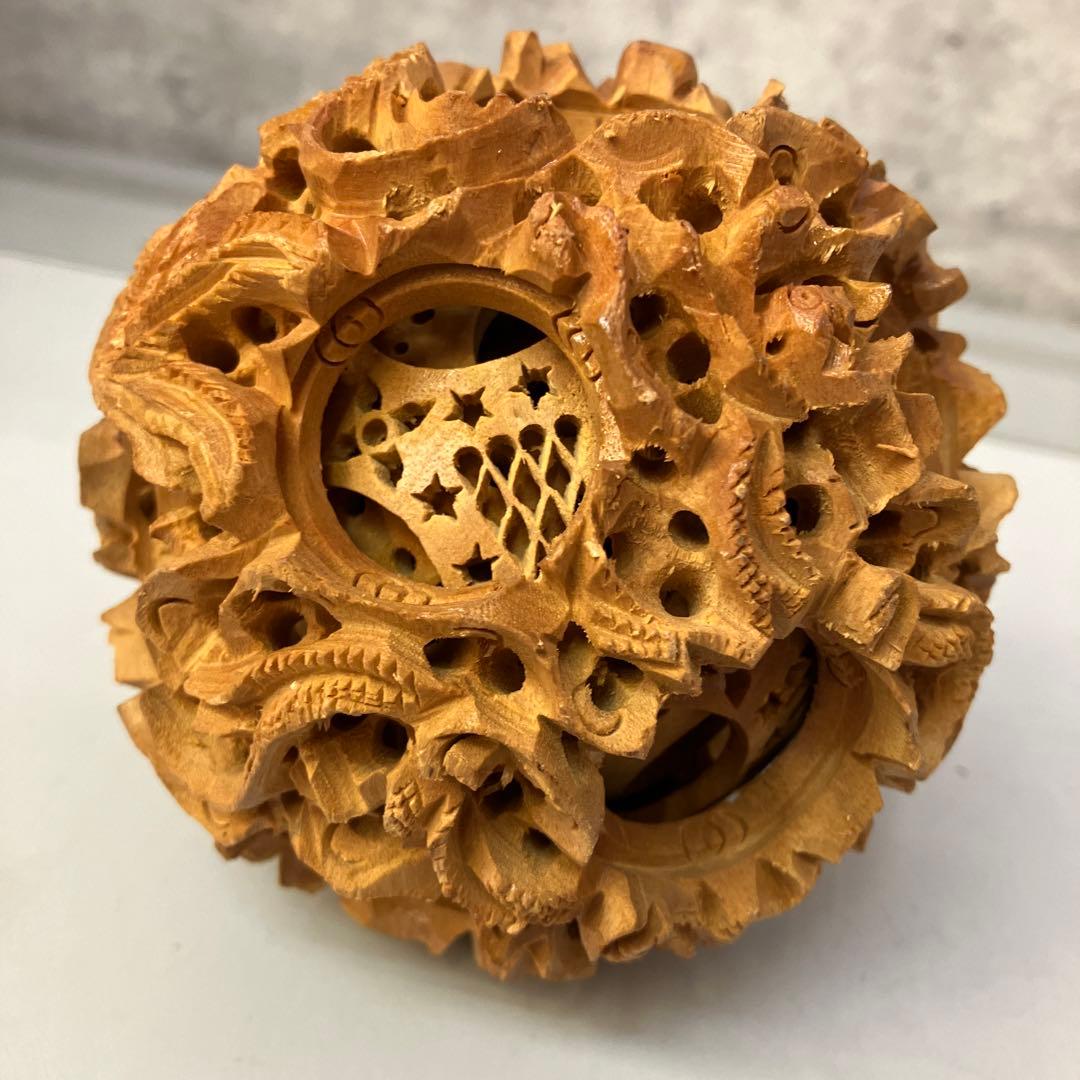 中国美術品 白檀 透かし彫 多層球 天球 鬼工球 木彫り 彫刻 龍紋彫