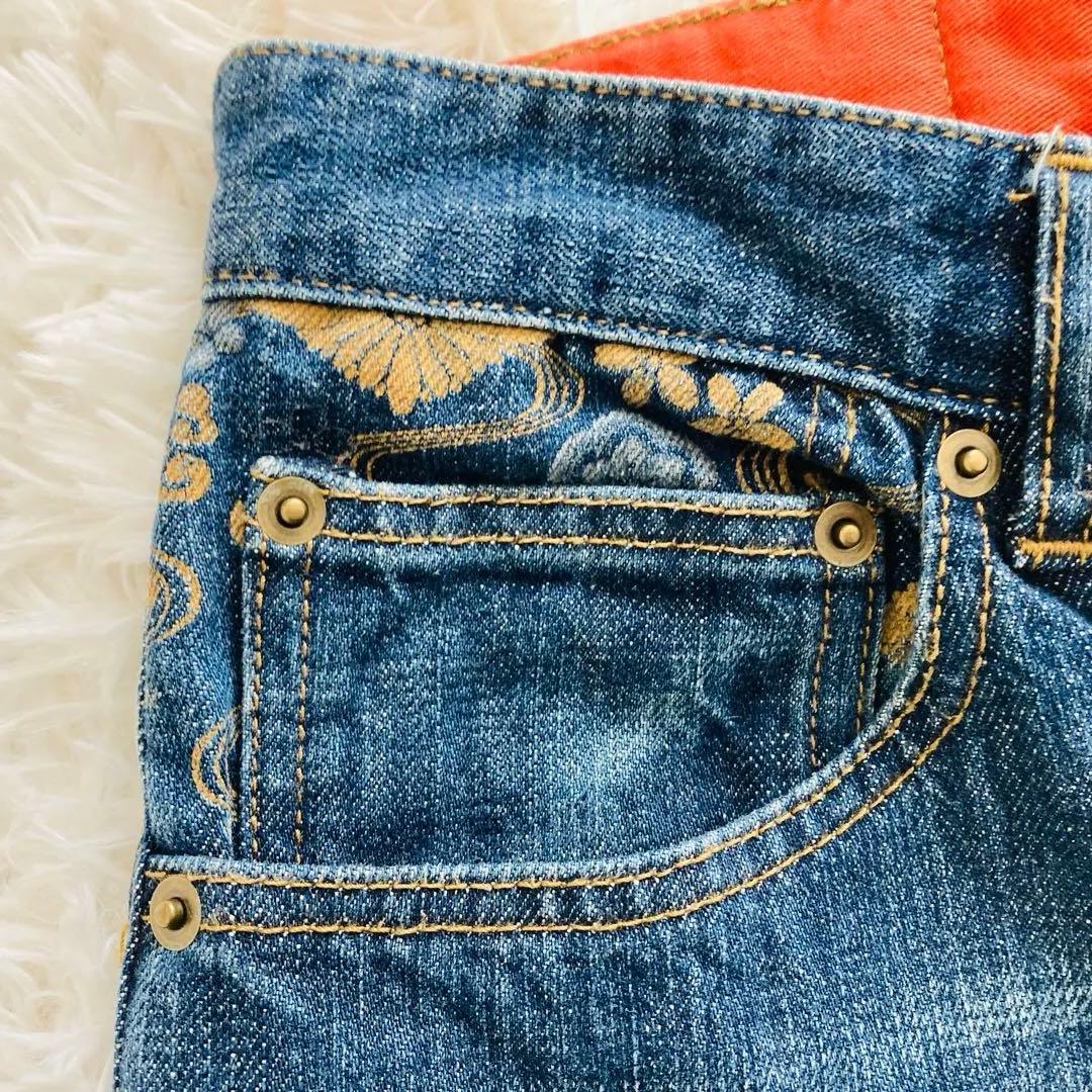 超美品】絡繰魂 デニムパンツ 34 家紋 刺繍 和柄 鷲 鷹 ジーンズ
