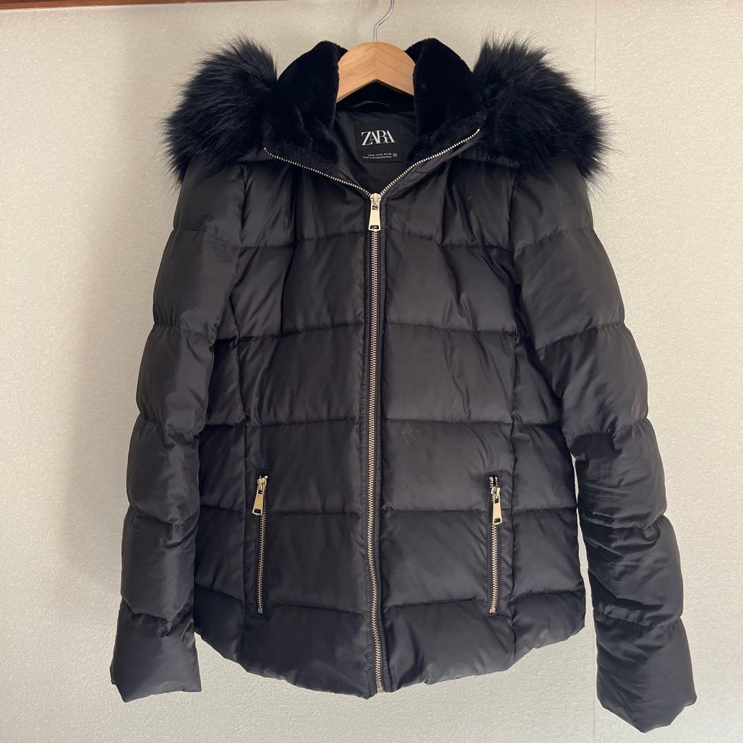 ZARA ブラック ダウンジャケット ファー付きボア M - メルカリ