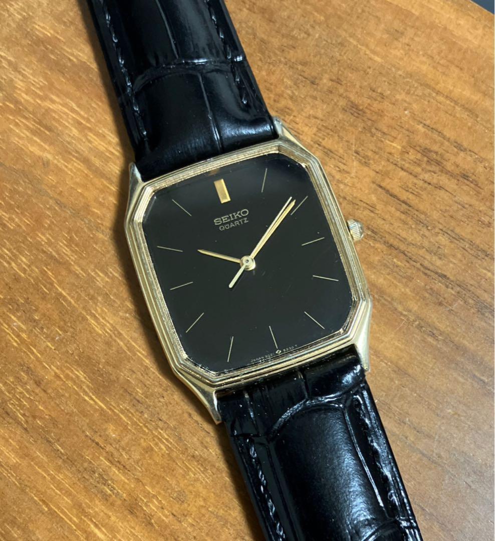 セイコー メンズ 腕時計 稼働品 新品革ベルト 電池交換済み 黒文字盤
