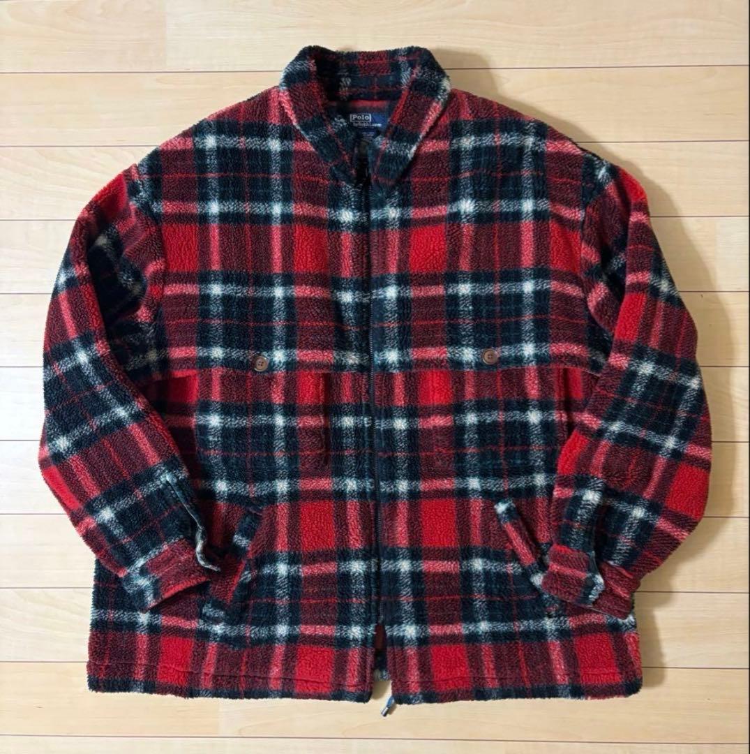 USA製 Polo by Ralph Lauren フリースXL レッド 90s 古着 90年代 ラルフローレン POLO by Ralph Lauren スイングトップ