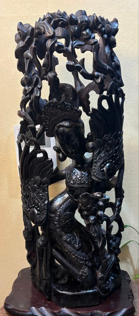 黒檀 木彫 細密彫刻 女神 83cm 大型 バリ　木彫　アジアン　ラマーヤナ神話 インドネシア・バリ島産◇木彫りの女神 鳥 オブジェ インテリア 工芸品