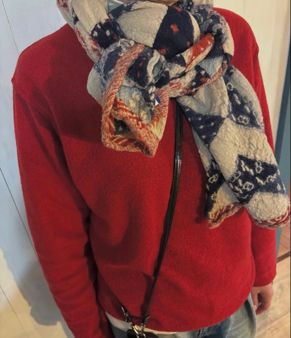 kapital 藍烈happyマフラー　キナリ　完売品 KAPITAL 縮絨ウール 藍裂HAPPYマフラー color natural/red 藍裂のhappy