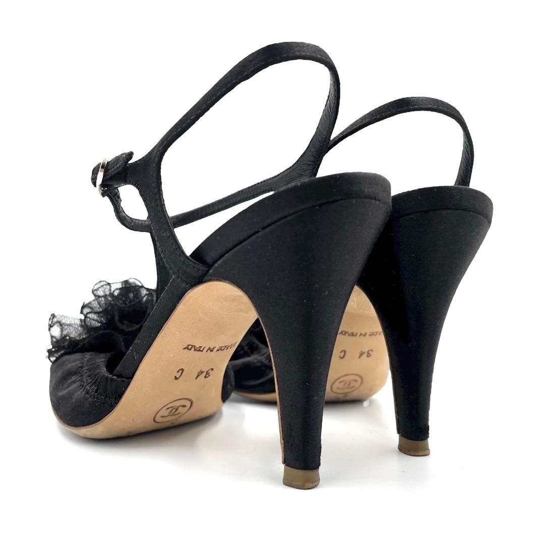 《超美品》CHANEL シャネル カメリア ココマーク パンプス サテン 黒系