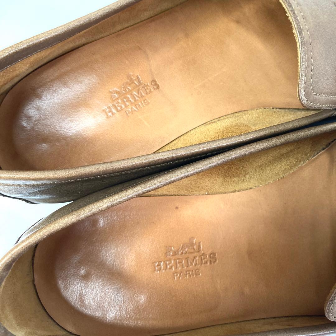 エルメスパンチングHロゴローファービジネスシューズブラウンベージュ靴