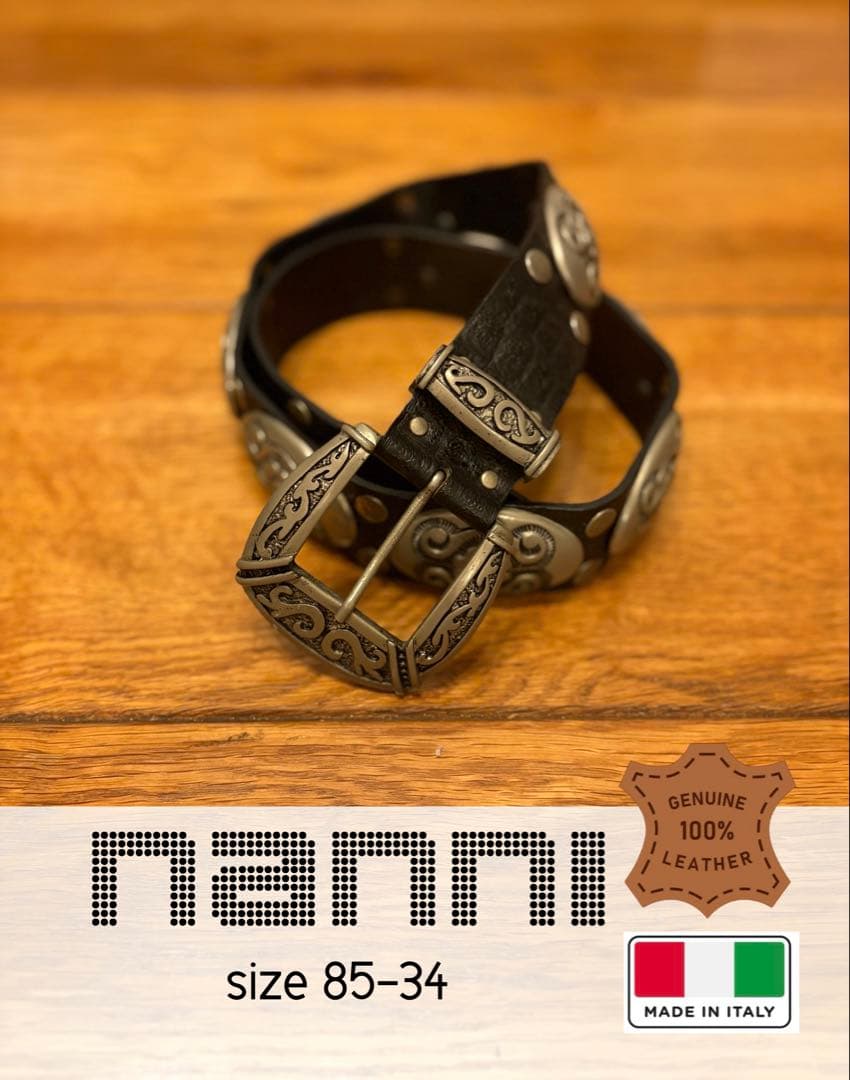 イタリア製 nanni ナンニ 本革レザー コンチョベルト ブラック 85-34