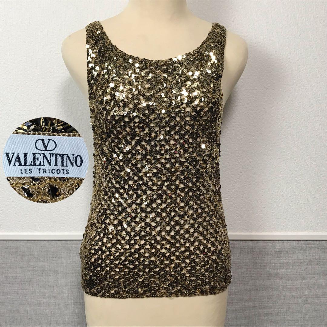 VALENTINO ゴールド スパンコール タンクトップ レディース ダンスウェア タンクトップ ノースリーブ スパンコール
