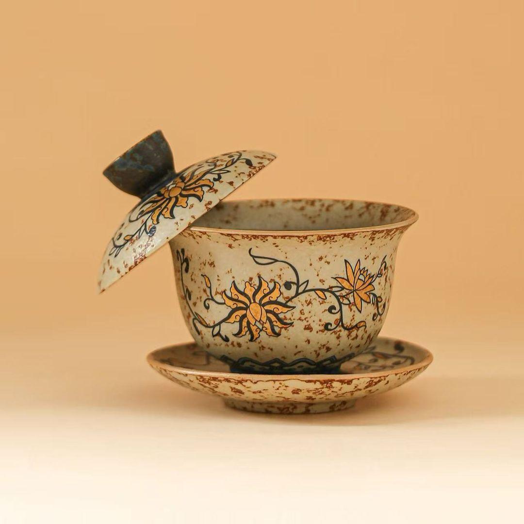 陶器の蓋付き茶碗と皿セット 茶器/茶道具 茶箱用三点セット】 陶器三点セット（陶器三つ揃） 祥瑞