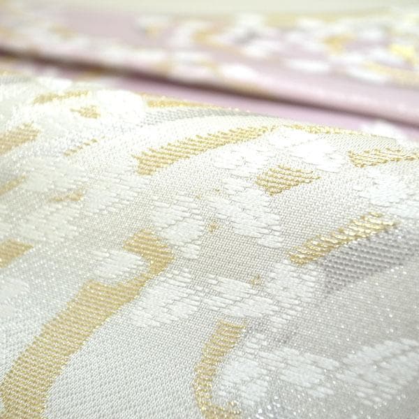 袋帯 京都 西陣 金銀糸 美しいデザイン 白 桜の花弁 流水 中古 kp2279