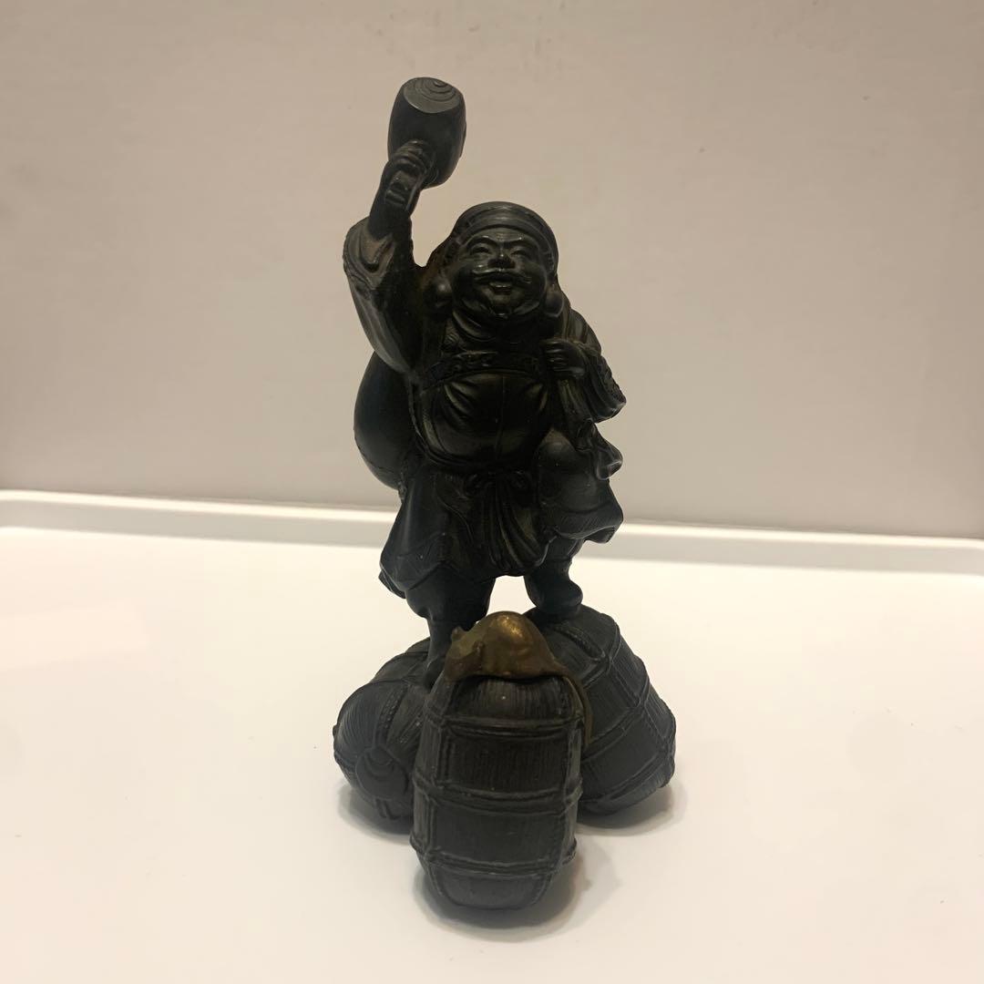 希少】岩松製 金属工芸 置物 布袋様 オブジェ 七福神 米俵上布袋尊