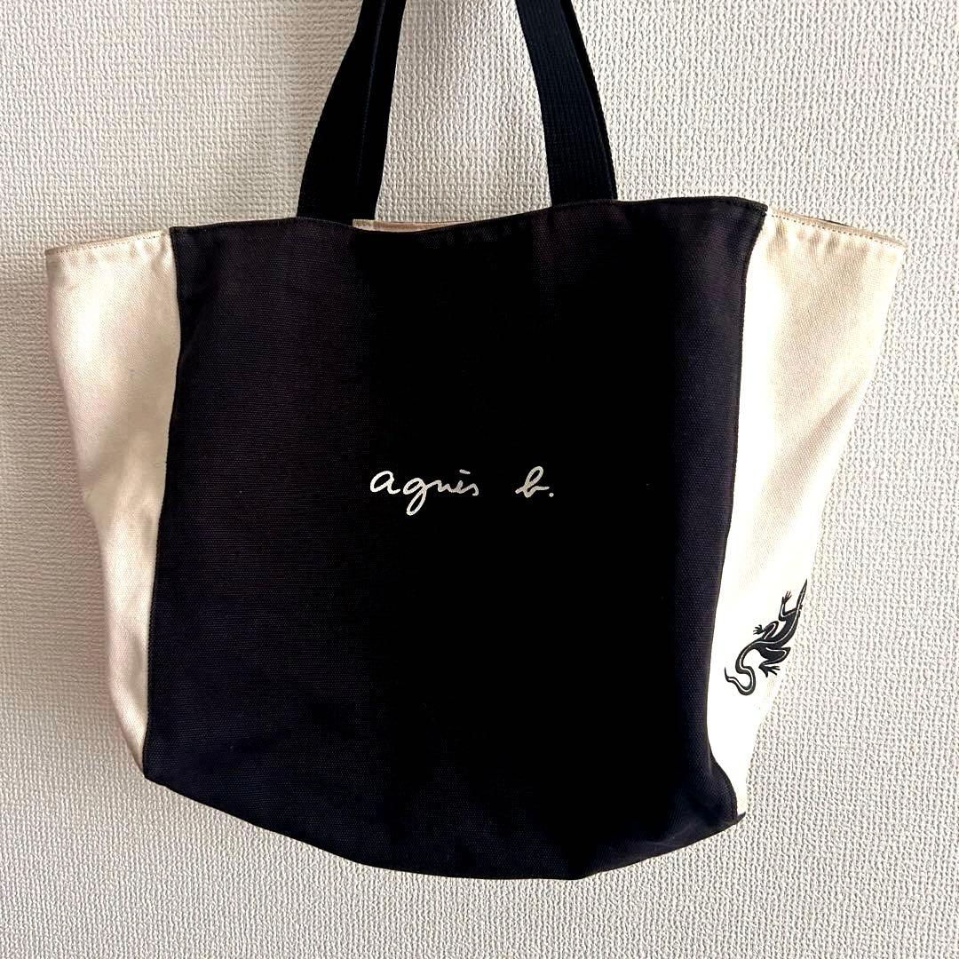 アニエスベー ロゴトートバッグ 黒 白 リバーシブル トカゲ agnes b