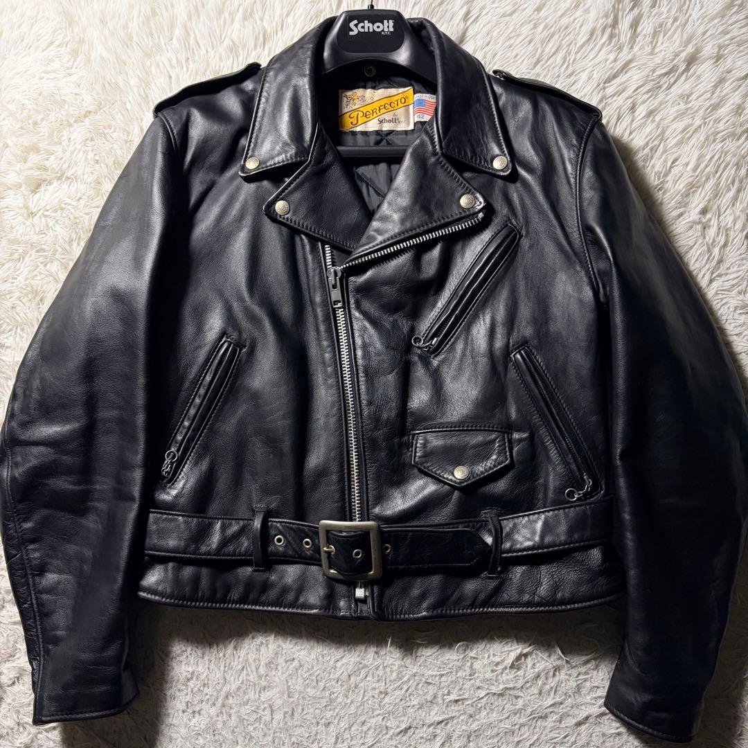 美品/42サイズ□Schott ライダースジャケット ダブル 118 黒 本革