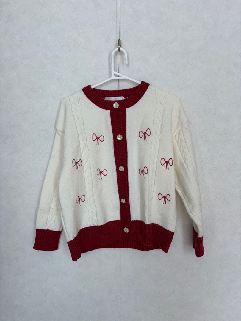 リボン刺繍アイボリー・レッドカーディガン M - メルカリ