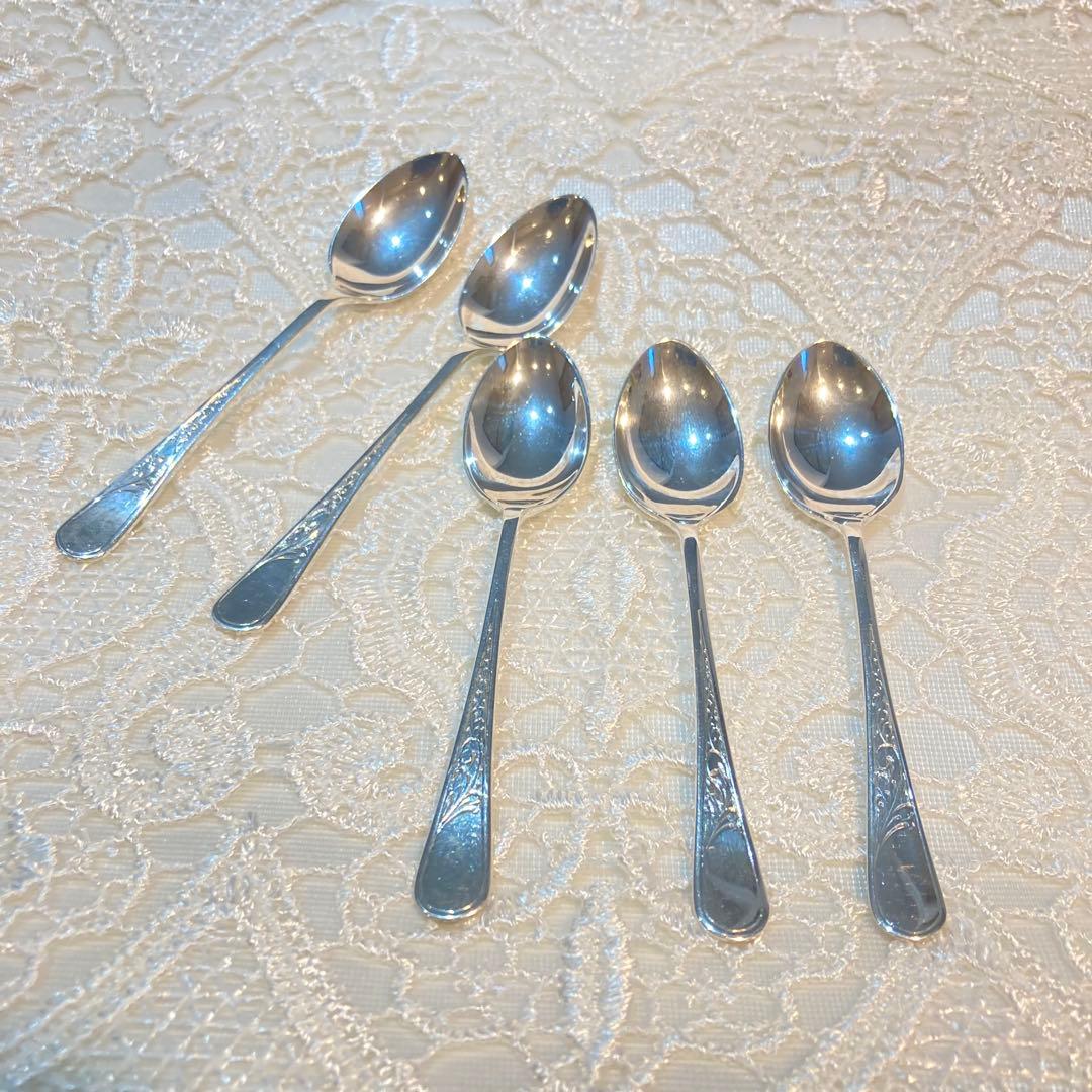 04 純銀製デミタススプーン5本セット 銀製カトラリー 唐草 スプーンS(デミタススプーン)/フォークS(デミタス