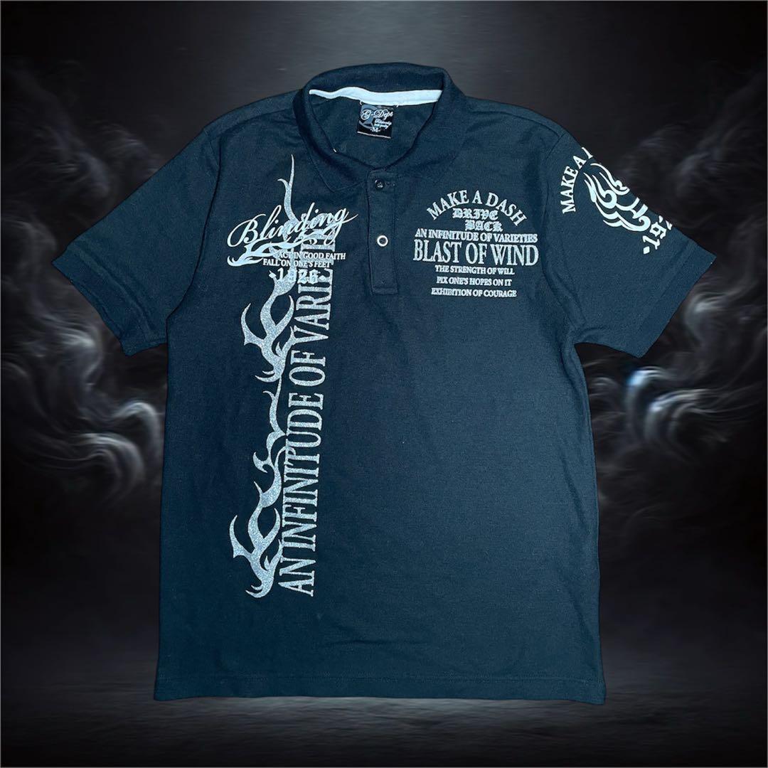 平成】 00s ギャル男 お兄系 y2k ポロシャツ 英字 グラフィック 黒