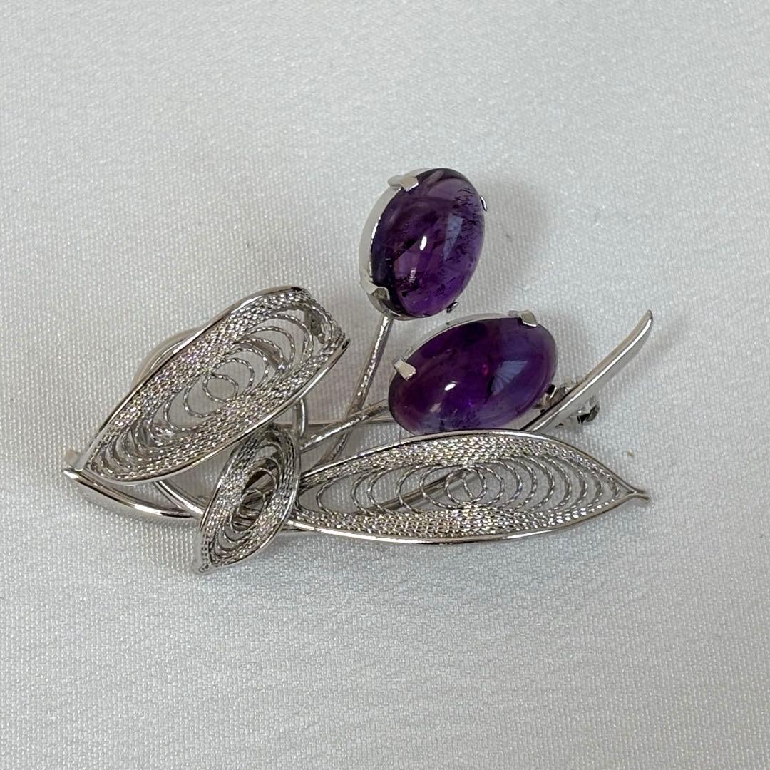 ヴィンテージ 天然石 アメジスト 銀細工 ブローチ 昭和レトロ - メルカリ