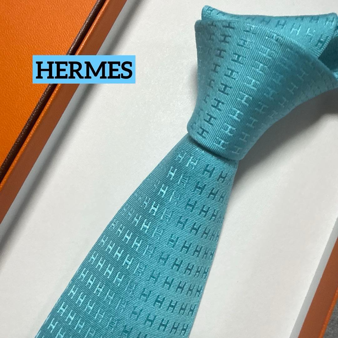 エルメス ネクタイ 水色ブルー H柄H織ファソネ 派手 結婚式 - メルカリ