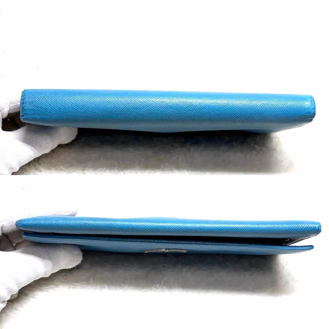 良品 PRADA プラダ サフィアーノ レザー 長財布 ブルー 三角プレート