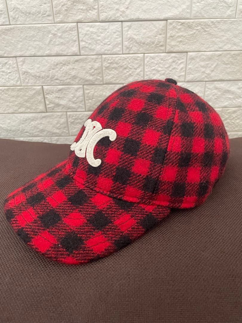 CELINE セリーヌ ⭐️チェック柄 ベースボールキャップ レッド
